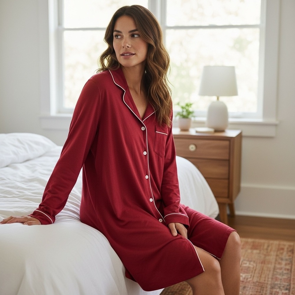 Cheibear Womens Long Sleeve Button Down Nightshirt Red Sleep Dress Size L NEW